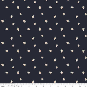 Image of Hedgerow Haven Strawberries Midnight quilting cotton fabric by Amber Elliot for Riley Blake Designs. Features berries on a black background. Cute Little Fabric Shop.