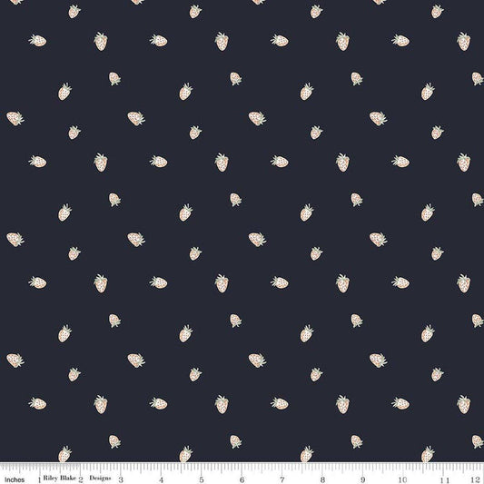 Image of Hedgerow Haven Strawberries Midnight quilting cotton fabric by Amber Elliot for Riley Blake Designs. Features berries on a black background. Cute Little Fabric Shop.