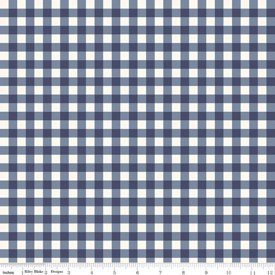 Image of Hedgerow Haven Gingham Blue quilting cotton fabric by Amber Elliot for Riley Blake Designs. Features gingham on a blue background. Cute Little Fabric Shop