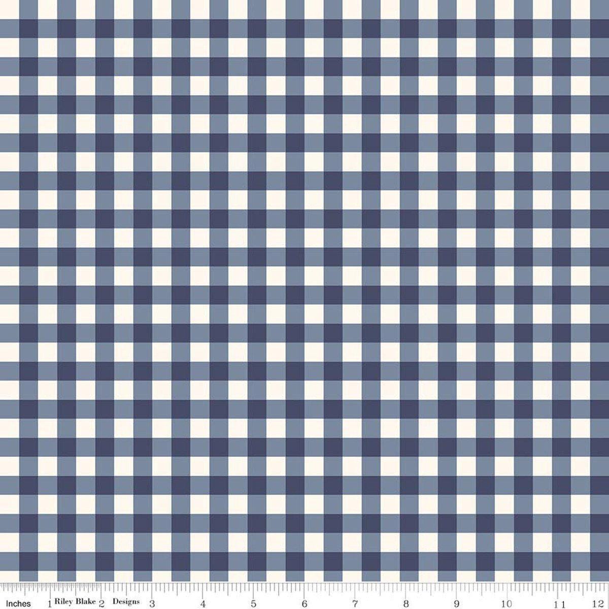 Image of Hedgerow Haven Gingham Blue quilting cotton fabric by Amber Elliot for Riley Blake Designs. Features gingham on a blue background. Cute Little Fabric Shop