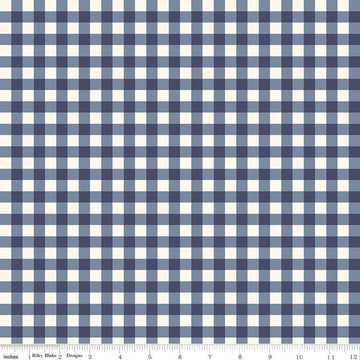 Image of Hedgerow Haven Gingham Blue quilting cotton fabric by Amber Elliot for Riley Blake Designs. Features gingham on a blue background. Cute Little Fabric Shop