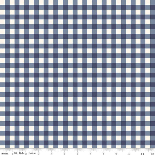Image of Hedgerow Haven Gingham Blue quilting cotton fabric by Amber Elliot for Riley Blake Designs. Features gingham on a blue background. Cute Little Fabric Shop