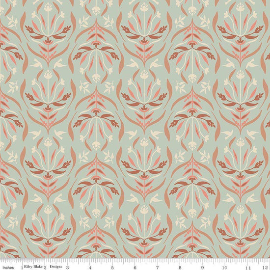 Image of Hedgerow Haven Damask Whisper quilting cotton fabric by Amber Elliot for Riley Blake Designs. Features flowers on a blue background. Cute Little Fabric Shop.