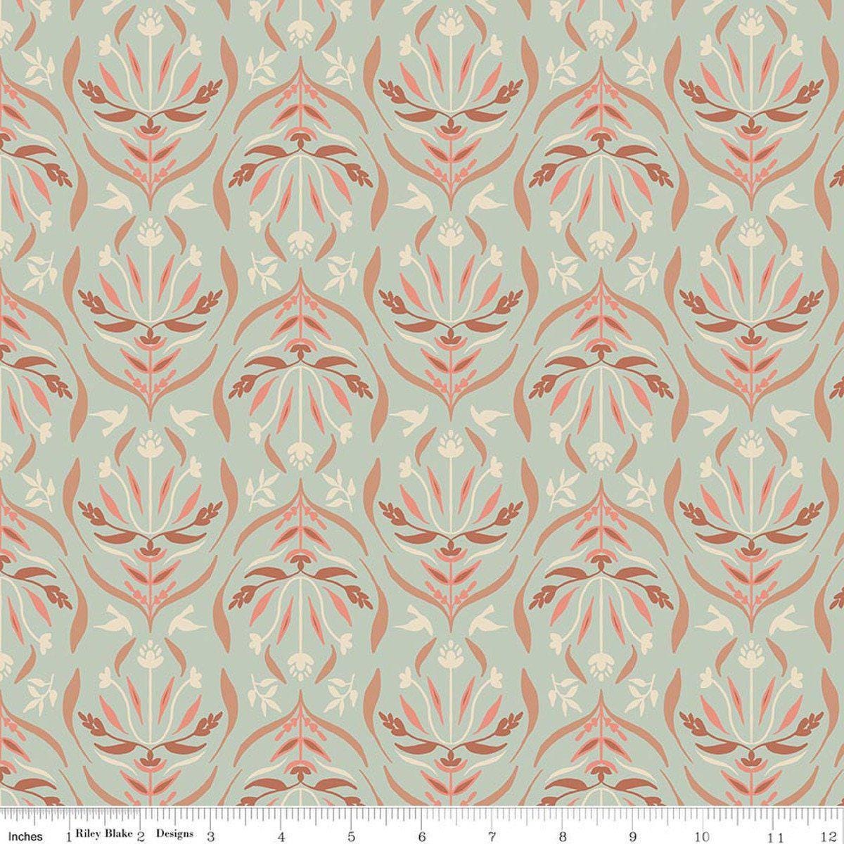 Image of Hedgerow Haven Damask Whisper quilting cotton fabric by Amber Elliot for Riley Blake Designs. Features flowers on a blue background. Cute Little Fabric Shop.