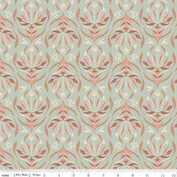 Image of Hedgerow Haven Damask Whisper quilting cotton fabric by Amber Elliot for Riley Blake Designs. Features flowers on a blue background. Cute Little Fabric Shop.