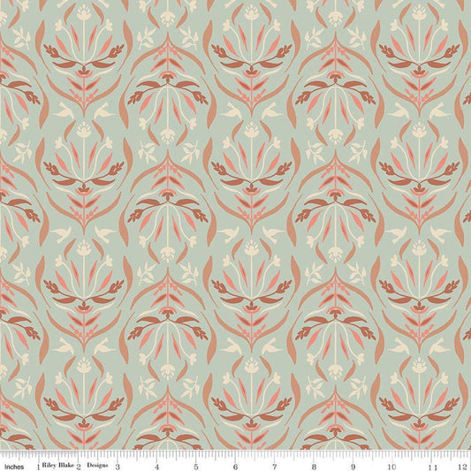Image of Hedgerow Haven Damask Whisper quilting cotton fabric by Amber Elliot for Riley Blake Designs. Features flowers on a blue background. Cute Little Fabric Shop.