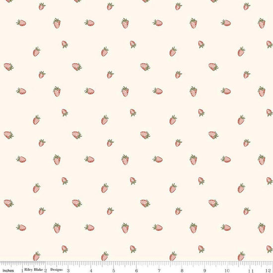 Image of Hedgerow Haven Strawberries Cream quilting cotton fabric by Amber Elliot for Riley Blake Designs. Features berries on a cream background. Cute Little Fabric Shop.