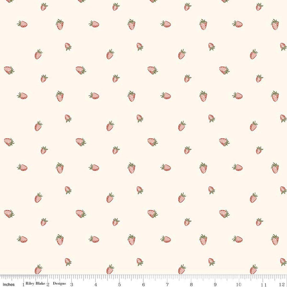 Image of Hedgerow Haven Strawberries Cream quilting cotton fabric by Amber Elliot for Riley Blake Designs. Features berries on a cream background. Cute Little Fabric Shop.
