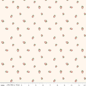 Image of Hedgerow Haven Strawberries Cream quilting cotton fabric by Amber Elliot for Riley Blake Designs. Features berries on a cream background. Cute Little Fabric Shop.
