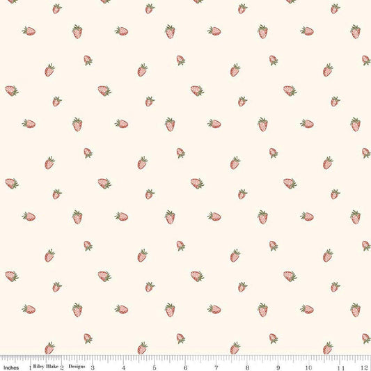 Image of Hedgerow Haven Strawberries Cream quilting cotton fabric by Amber Elliot for Riley Blake Designs. Features berries on a cream background. Cute Little Fabric Shop.