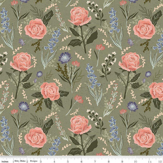 Image of Hedgerow Haven Cottage Floral Rosemary quilting cotton fabric by Amber Elliot for Riley Blake Designs. Features flowers on a green background. Cute Little Fabric Shop.