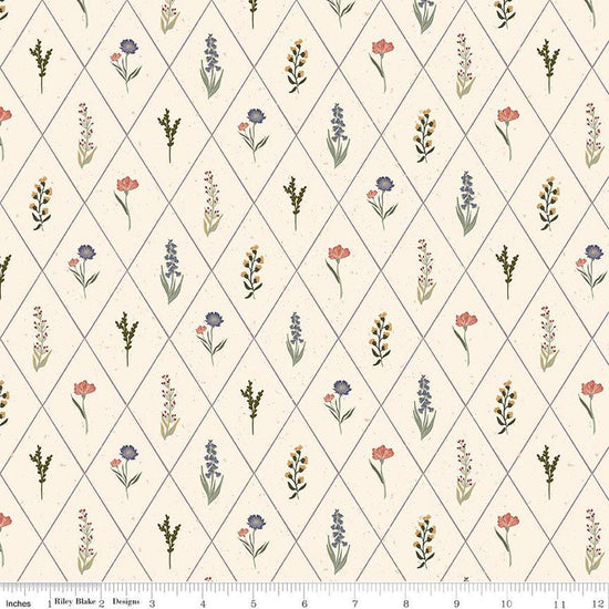 Image of Hedgerow Haven Floral Argyle Cream quilting cotton fabric by Amber Elliot for Riley Blake Designs. Features flowers on a cream background. Cute Little Fabric Shop.