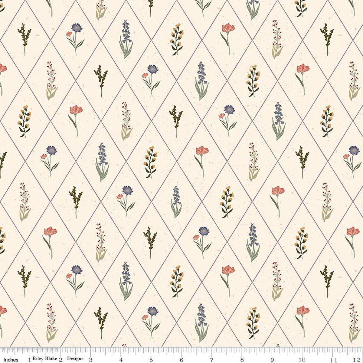 Image of Hedgerow Haven Floral Argyle Cream quilting cotton fabric by Amber Elliot for Riley Blake Designs. Features flowers on a cream background. Cute Little Fabric Shop.