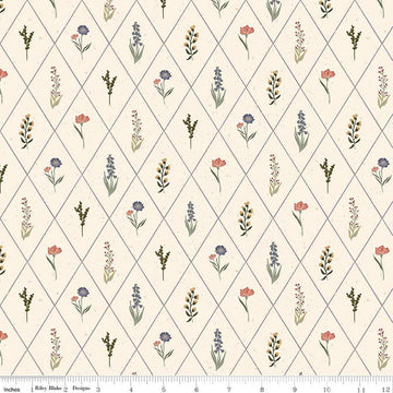 Image of Hedgerow Haven Floral Argyle Cream quilting cotton fabric by Amber Elliot for Riley Blake Designs. Features flowers on a cream background. Cute Little Fabric Shop.