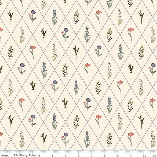 Image of Hedgerow Haven Floral Argyle Cream quilting cotton fabric by Amber Elliot for Riley Blake Designs. Features flowers on a cream background. Cute Little Fabric Shop.