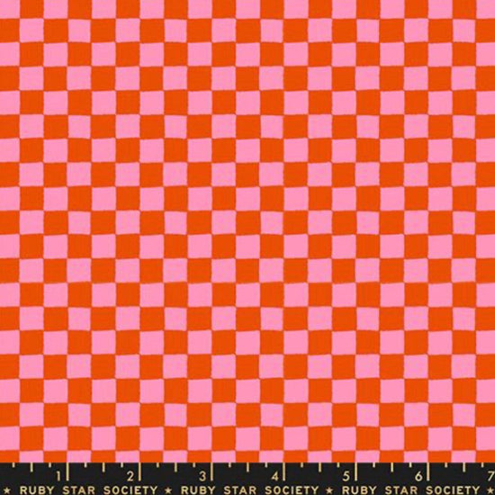 Image of 1 800 Calico Block Print Warm Red quilting cotton fabric by Alexia Abegg of Ruby Star Society for Moda Fabrics. Features checkers on a red and pink background. Cute Little Fabric Shop.