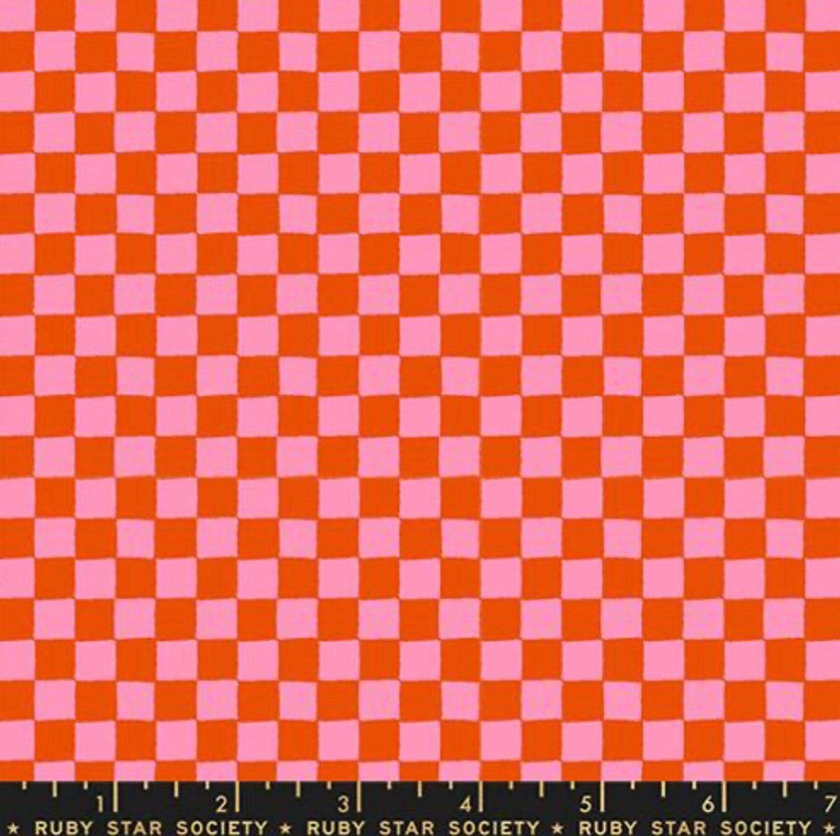 Image of 1 800 Calico Block Print Warm Red quilting cotton fabric by Alexia Abegg of Ruby Star Society for Moda Fabrics. Features checkers on a red and pink background. Cute Little Fabric Shop.