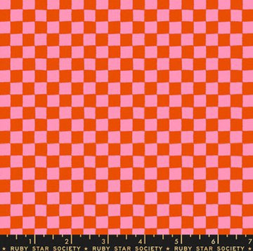 Image of 1 800 Calico Block Print Warm Red quilting cotton fabric by Alexia Abegg of Ruby Star Society for Moda Fabrics. Features checkers on a red and pink background. Cute Little Fabric Shop.