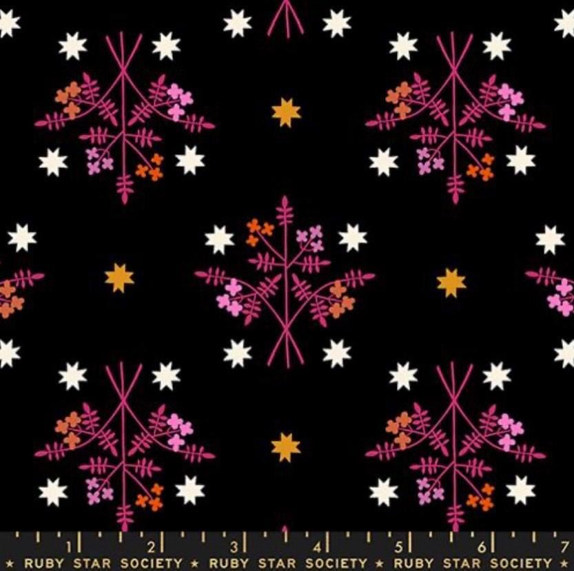 Image of 1 800 Calico Bouquet Black quilting cotton fabric by Alexia Abegg of Ruby Star Society for Moda Fabrics. Features flowers on a black background. Cute Little Fabric Shop.