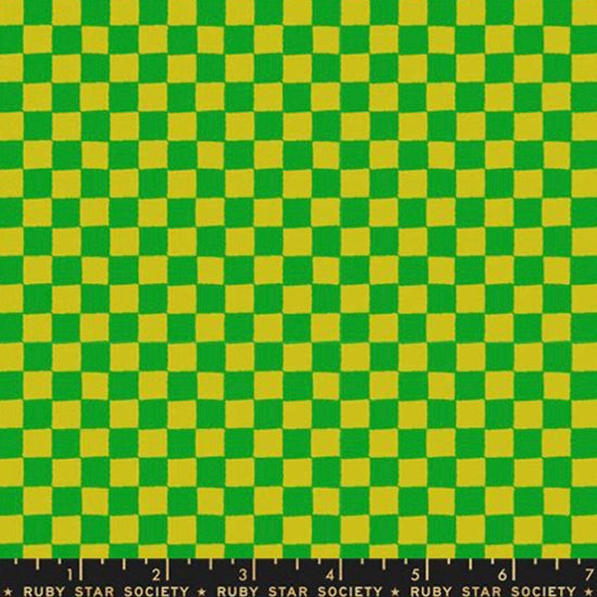 Image of 1 800 Calico Block Print Verdant quilting cotton fabric by Alexia Abegg of Ruby Star Society for Moda Fabrics. Features checkers on a green and yellow background. Cute Little Fabric Shop.