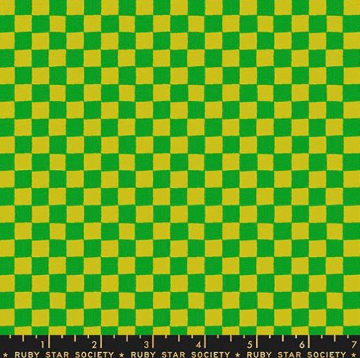 Image of 1 800 Calico Block Print Verdant quilting cotton fabric by Alexia Abegg of Ruby Star Society for Moda Fabrics. Features checkers on a green and yellow background. Cute Little Fabric Shop.