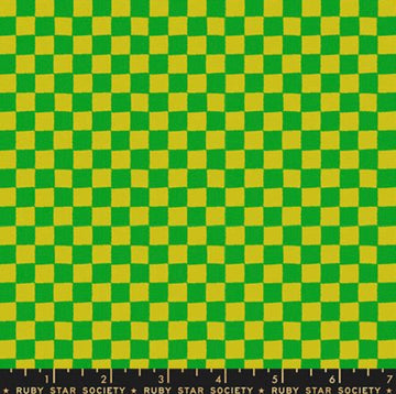 Image of 1 800 Calico Block Print Verdant quilting cotton fabric by Alexia Abegg of Ruby Star Society for Moda Fabrics. Features checkers on a green and yellow background. Cute Little Fabric Shop.