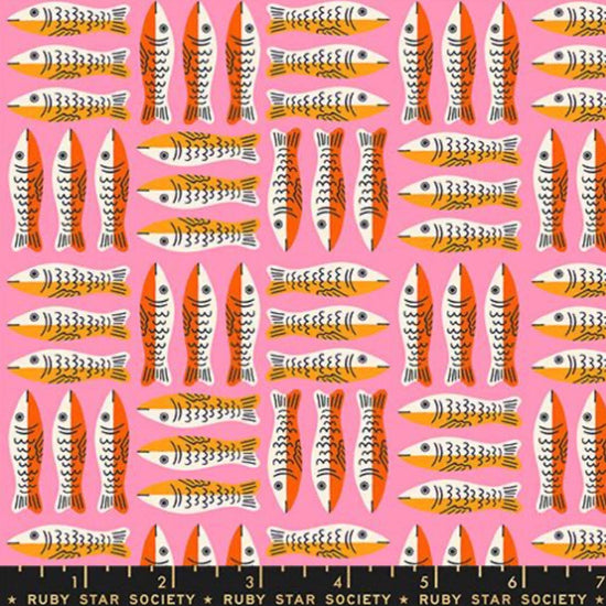 Image of 1 800 Calico Little Sardines Pretty Pink quilting cotton fabric by Alexia Abegg of Ruby Star Society for Moda Fabrics. Features fish on a pink background. Cute Little Fabric Shop.