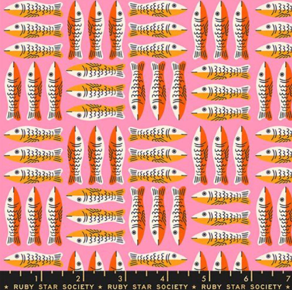 Image of 1 800 Calico Little Sardines Pretty Pink quilting cotton fabric by Alexia Abegg of Ruby Star Society for Moda Fabrics. Features fish on a pink background. Cute Little Fabric Shop.