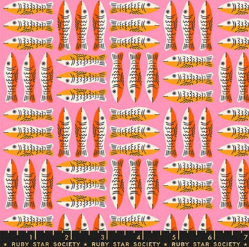 Image of 1 800 Calico Little Sardines Pretty Pink quilting cotton fabric by Alexia Abegg of Ruby Star Society for Moda Fabrics. Features fish on a pink background. Cute Little Fabric Shop.