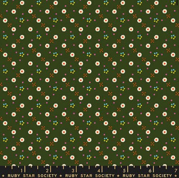 Image of 1 800 Calico Bandana Mossy quilting cotton fabric by Alexia Abegg of Ruby Star Society for Moda Fabrics. Features flowers on a green background. Cute Little Fabric Shop.