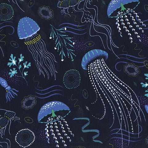Into the Deep Lagoon by Michael Miller - Jellyfish Ocean Nautical Navy Blue - Quilting Cotton Fabric