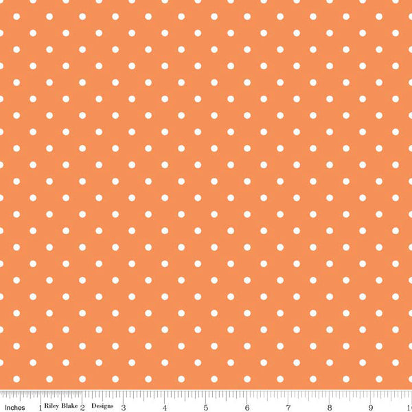 SALE White Flat Swiss Dots on Orange - Riley Blake Designs - Pin Polka Dots - Quilting Cotton Fabric