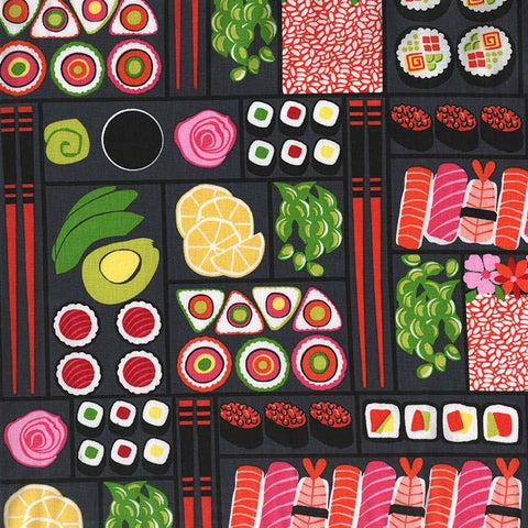 SALE Bento Box Lacquer by Michael Miller - Sushi Rolls Japanese Asian Food Fish Black - Quilting Cotton Fabric