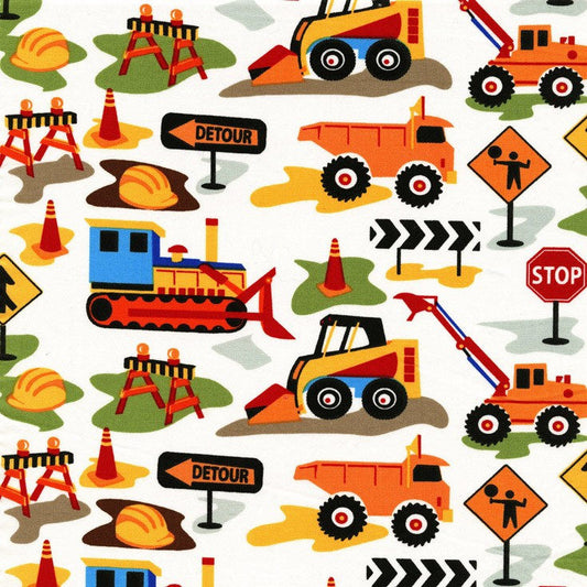 Tot Town Dig It White - Michael Miller - Construction Trucks Bulldozer Orange - Quilting Cotton Fabric - choose your cut