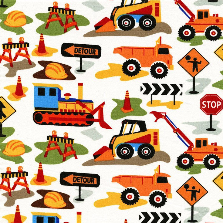 Tot Town Dig It White by Michael Miller - Construction Trucks Bulldozer Orange - Quilting Cotton Fabric - choose your cut