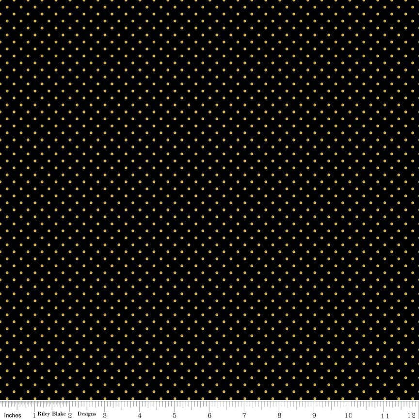 Gold SPARKLE Flat Swiss Dot on Black by Riley Blake Designs - Polka Dots Metallic - Quilting Cotton Fabric