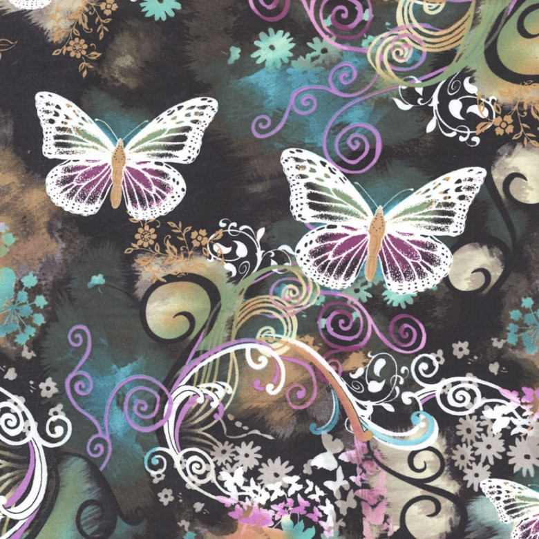 Filigree Flutter Multi by Michael Miller - Butterflies Black Purple - Quilting Cotton Fabric