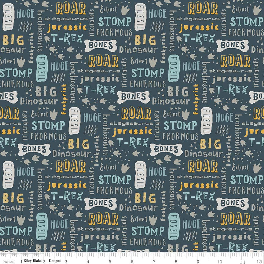 Fossil Rim Words Navy - Riley Blake Designs - Blue Dinosaur Text - Jersey KNIT cotton stretch fabric - end of bolt pieces