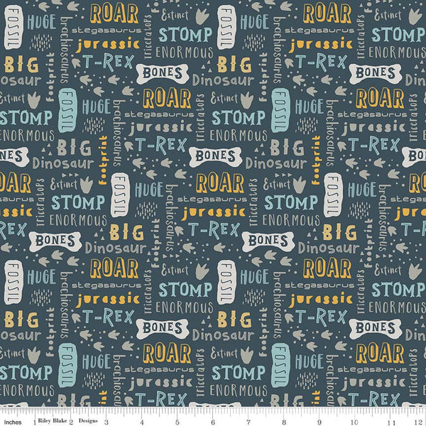 SALE Fossil Rim Words Navy - Riley Blake Designs - Blue Dinosaur Text - Jersey KNIT cotton stretch fabric