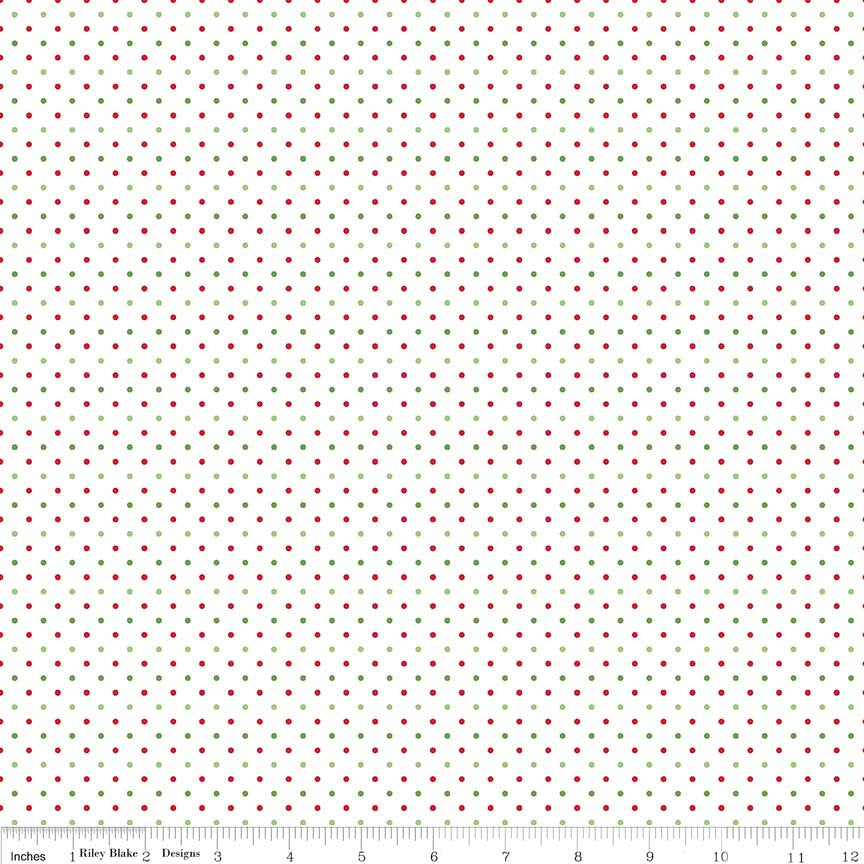 Christmas Flat Swiss Dots on White - Riley Blake Designs - Red and Green Polka Dot - Quilting Cotton Fabric
