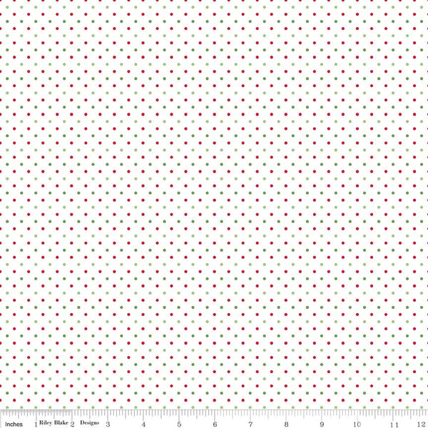 SALE Christmas Flat Swiss Dots on White - Riley Blake Designs - Red and Green Polka Dot - Quilting Cotton Fabric