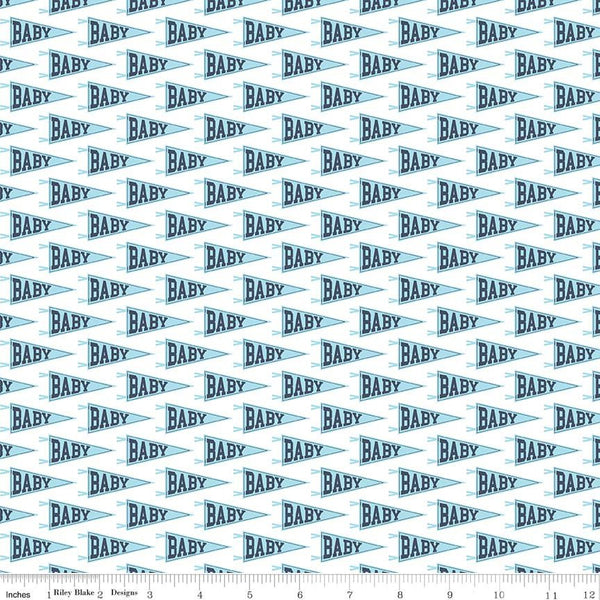 31" End of Bolt - CLEARANCE Hello Baby Banner White - Riley Blake Designs - Blue Flags - Quilting Cotton Fabric