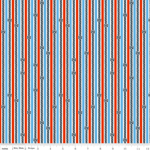 17" End of Bolt - SALE Pirate's Life Knotty Rope Multi - Riley Blake Designs - Red Blue Stripe - Quilting Cotton Fabric