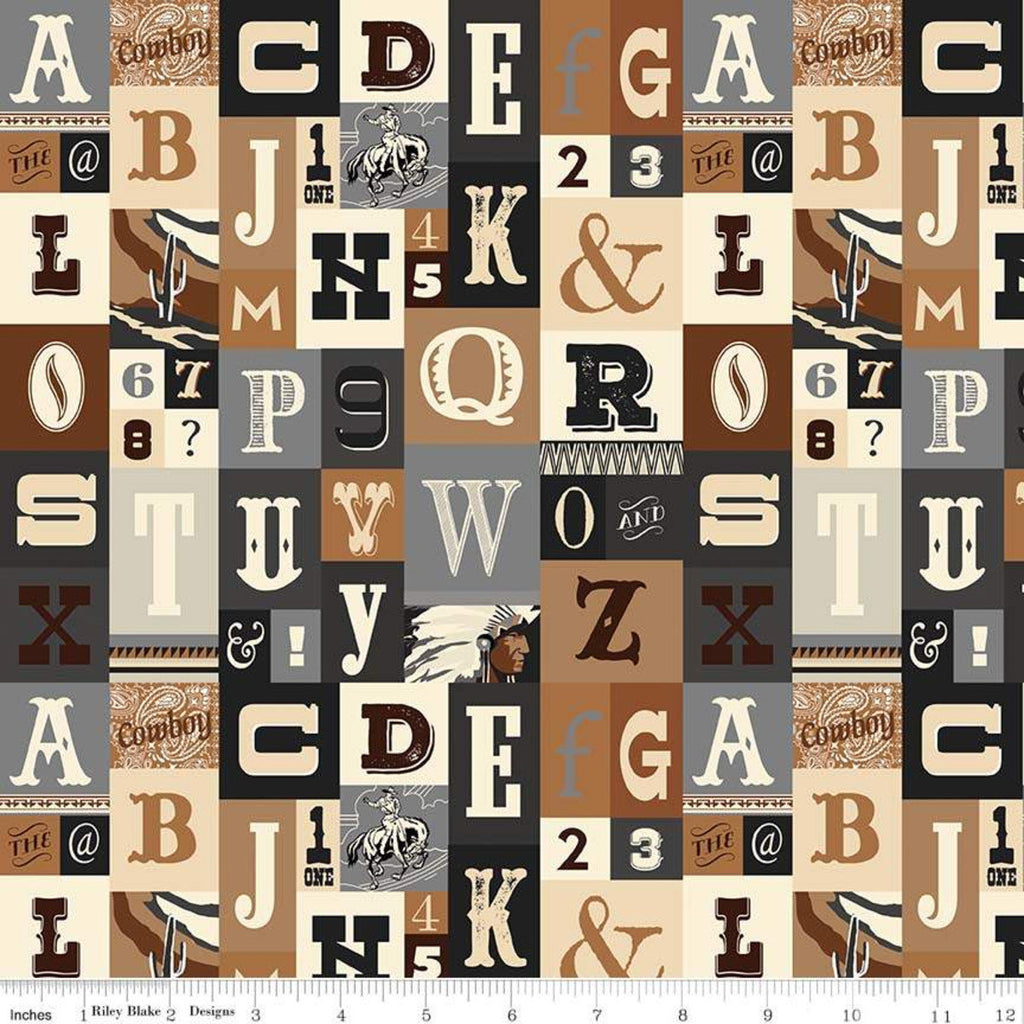26" End of Bolt - SALE Cowboy Country Alpha Brown - Riley Blake Designs - Alphabet Western Brown Black Gray Cream-  Quilting Cotton Fabric