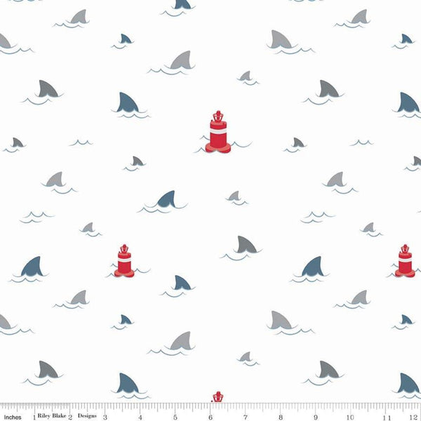 23" End of Bolt - SALE Fins Novelty White - Riley Blake Designs - Ocean Sea Water Sharks Buoys - Quilting Cotton Fabric