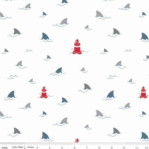 SALE Fins Novelty White - Riley Blake Designs - Ocean Sea Water Sharks Buoys - Quilting Cotton Fabric