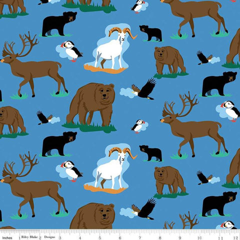 SALE Northwest Wildlife Blue - Riley Blake Designs - Alaska Washington Bears Deer Goats Birds - Quilting Cotton Fabric