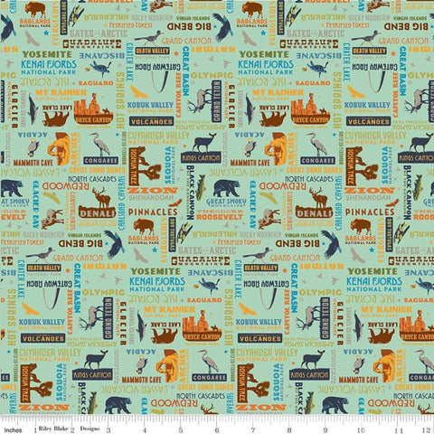 National Parks Word Print Sea Green - Riley Blake Designs - Names Places Wildlife Outdoors - Quilting Cotton Fabric