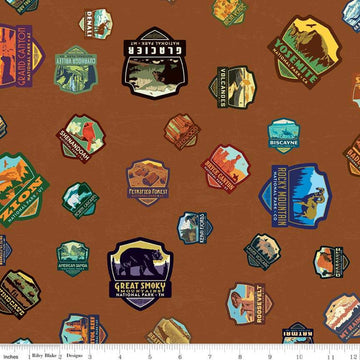 DEAL National Parks Patches Light Brown Outdoor Recreation Fabric - C8782 - Riley Blake Quilting Cotton Fabric