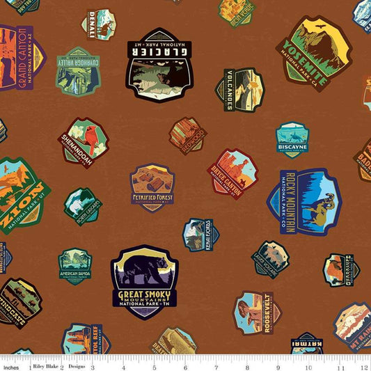 DEAL National Parks Patches Light Brown Outdoor Recreation Fabric - C8782 - Riley Blake Quilting Cotton Fabric